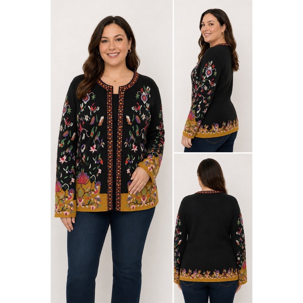 VTG Michael Simon BOHO Plus Sz 2X Embroidered Floral Beaded Cardigan Art To Wear